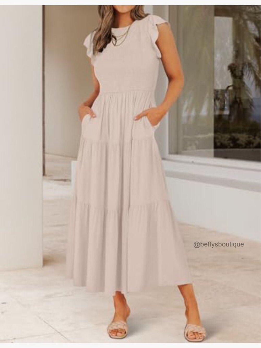 Flutter Short Sleeve Smocked Midi Dress - Casual Summer - Picture 4 of 7